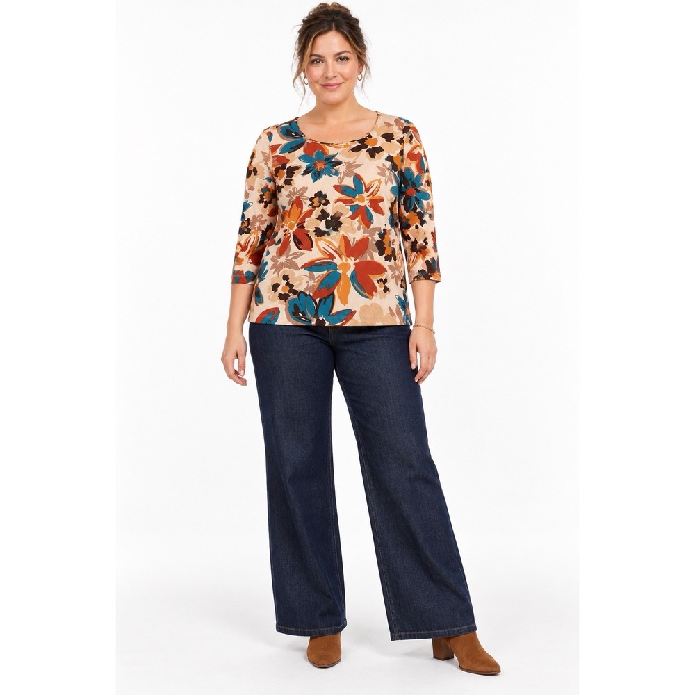 Chico's Travelers Top Size 2 L Retro Floral Slinky Knit 3/4 Sleeve USA Made Fall